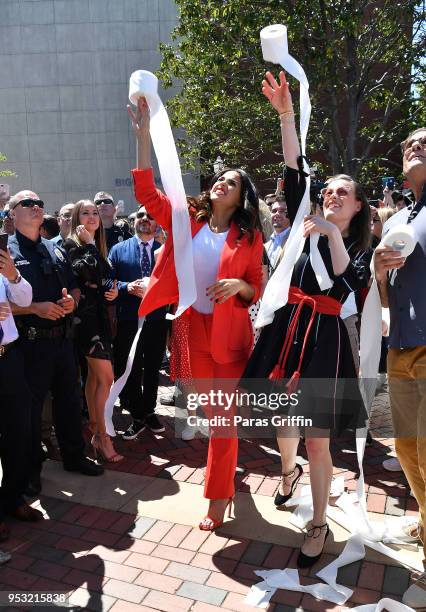 Adria Arjona and Gillian Jacobs attend "Life Of The Party" Auburn Tour at Auburn University on April 30, 2018 in Auburn, Alabama.