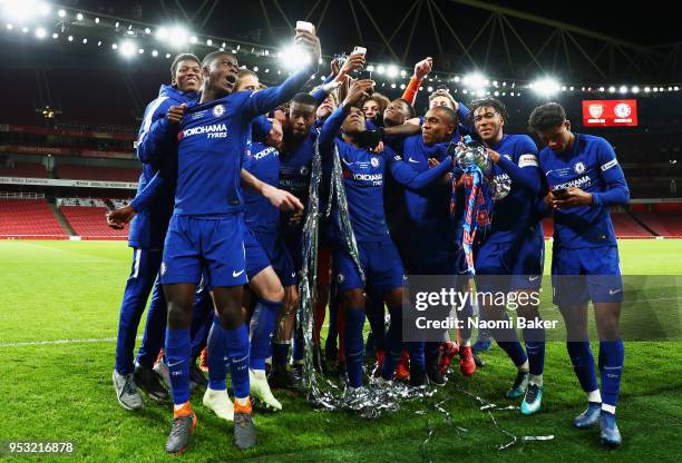 Chelsea FC celebrate after winning the FA Youth Cup Final, second leg match between Arsenal and Chelsea at Emirates Stadium on April 30, 2018 in...