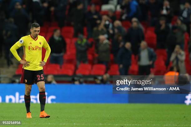 Dejected Jose Holebas of Watford at full time during the Premier League match between Tottenham Hotspur and Watford at Wembley Stadium on April 30,...