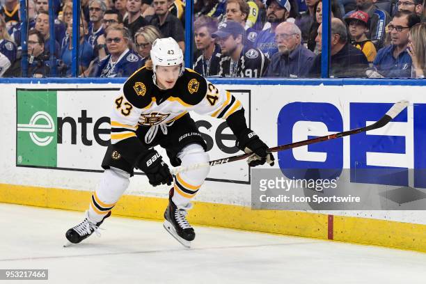 Boston Bruins center Danton Heinen during the first period of an NHL Stanley Cup Eastern Conference Playoffs game between the Boston Bruins and the...