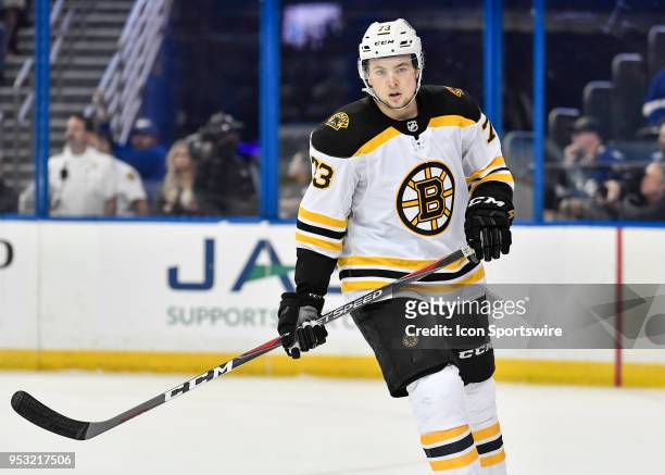 Boston Bruins defender Charlie McAvoy during the first period of an NHL Stanley Cup Eastern Conference Playoffs game between the Boston Bruins and...