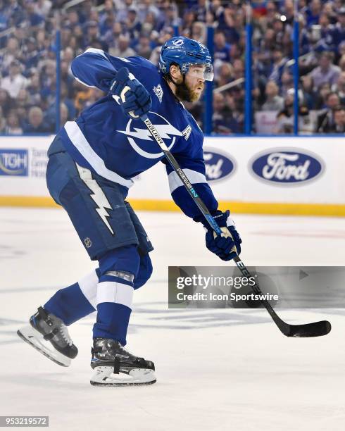 Tampa Bay Lightning defender Victor Hedman watches his shot during the second period of an NHL Stanley Cup Eastern Conference Playoffs game between...