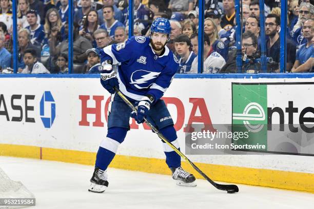 Tampa Bay Lightning right wing Nikita Kucherov during the second period of an NHL Stanley Cup Eastern Conference Playoffs game between the Boston...