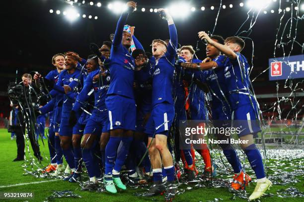 Charlie Brown of Chelsea FC celebrates with his teammates after they win the FA Youth Cup Final, second leg match between Arsenal and Chelsea at...