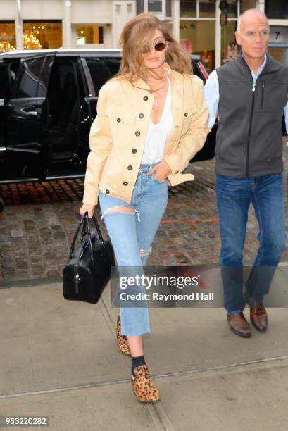 Model Gigi Haidi is seen walking in Soho on April 30, 2018 in New York City.