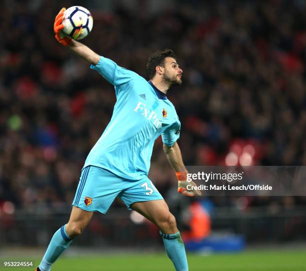 Watford goalkeeper Orestis Karnezis during the Premier League match between Tottenham Hotspur and Watford at Wembley Stadium on April 30, 2018 in...