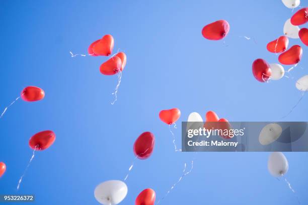 red and white heart shaped balloons flying away in blue sky. wedding ceremony. - ballon festival stock-fotos und bilder