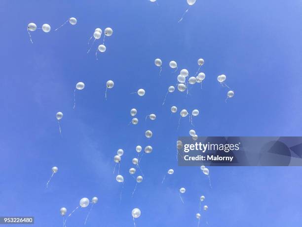 colorful balloons flying away in blue sky. wedding ceremony. - helium stockfoto's en -beelden