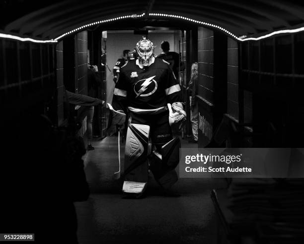 Goalie Andrei Vasilevskiy of the Tampa Bay Lightning walks out to the ice for the pregame warm ups against the Boston Bruins before Game Two of the...