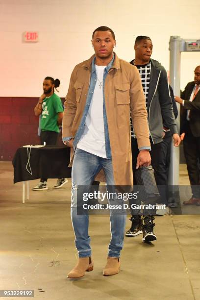 Justin Anderson of the Philadelphia 76ers arrives before the game against the Boston Celtics in Game One of the Eastern Conference Semifinals of the...
