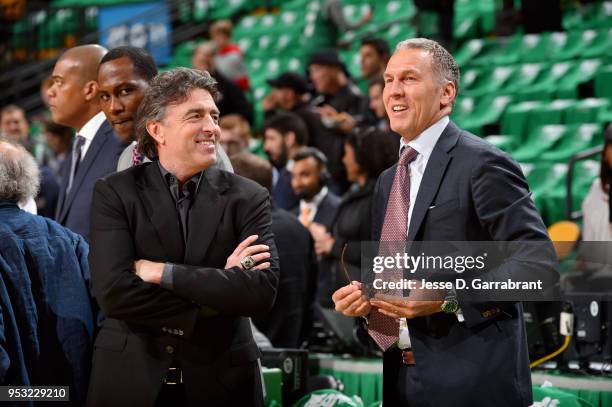 Wycliffe Grousbeck owner of the Boston Celtics and Bryan Colangelo General Manager of the Philadelphia 76ers talk before Game One of the Eastern...