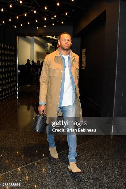Justin Anderson of the Philadelphia 76ers arrives at the arena before the game against the Boston Celtics in Game One of the Eastern Conference...