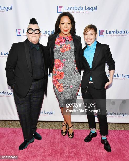 Actors Lea DeLaria, Selenis Leyva and Abigail Savage of "Orange is the New Black" attend the Lambda Legal 2018 National Liberty Awards at Pier 60 on...