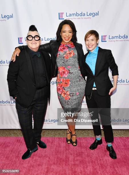 Actors Lea DeLaria, Selenis Leyva and Abigail Savage of "Orange is the New Black" attend the Lambda Legal 2018 National Liberty Awards at Pier 60 on...