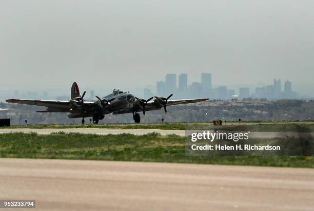 The World War II Boeing B-17 Flying Fortress "Madras Maiden" lands at Rocky Mountain Metropolitan Airport on April 30, 2018 in Broomfield, Colorado....