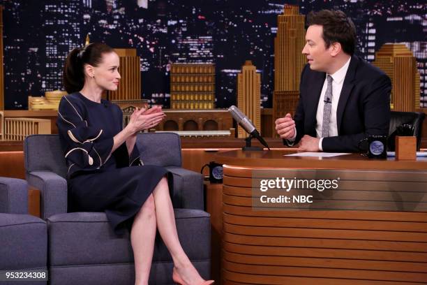 Episode 0859 -- Pictured: Actress Alexis Bledel, Host Jimmy Fallon on April 26, 2018 --