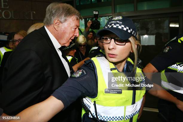 Cardinal George Pell arrives at Melbourne Magistrates' Court on May 1, 2018 in Melbourne, Australia. Cardinal Pell was charged on summons by Victoria...