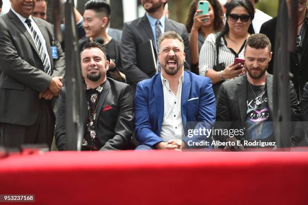 Singers Chris Kirkpatrick, Joey Fatone and Justin Tunberlake attend a ceremony where 'NSYNC was honored with a star on the Hollywood Walk of Fame on...