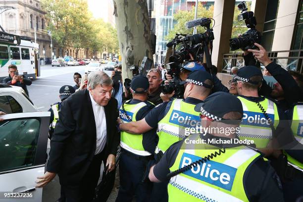 Cardinal George Pell arrives at Melbourne Magistrates' Court on May 1, 2018 in Melbourne, Australia. Cardinal Pell was charged on summons by Victoria...