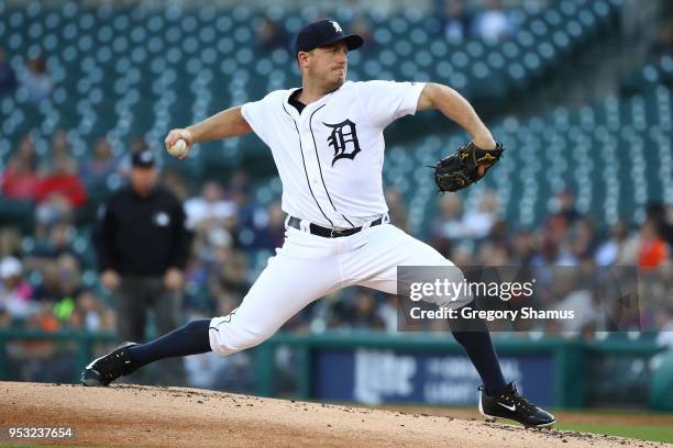 Jordan Zimmermann of the Detroit Tigers throws a second inning pitch while playing the Tampa Bay Rays at Comerica Park on April 30, 2018 in Detroit,...