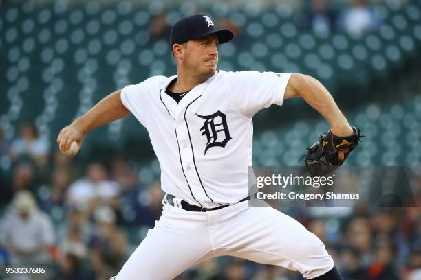 Jordan Zimmermann of the Detroit Tigers throws a second inning pitch while playing the Tampa Bay Rays at Comerica Park on April 30, 2018 in Detroit,...