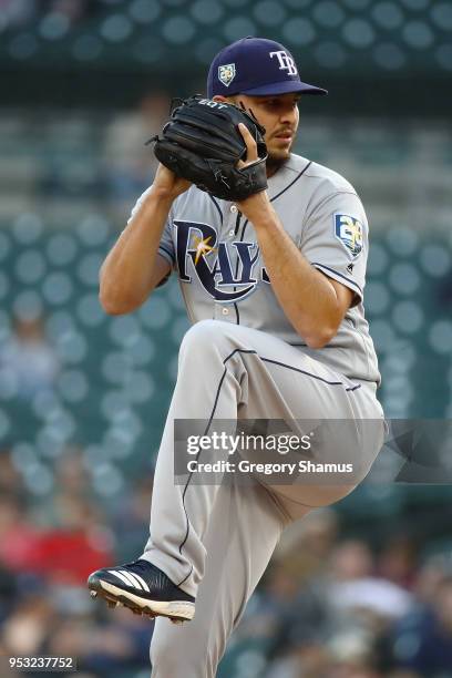 Jacob Faria of the Tampa Bay Rays throws a second inning pitch while playing the Detroit Tigers at Comerica Park on April 30, 2018 in Detroit,...