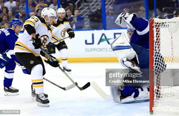 Andrei Vasilevskiy of the Tampa Bay Lightning stops a shot from Brad Marchand of the Boston Bruins during Game Two of the Eastern Conference Second...