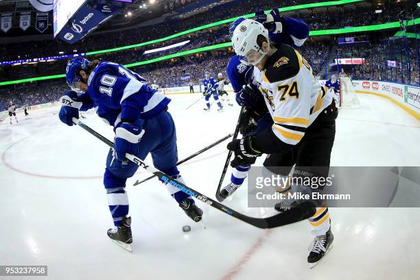 Miller of the Tampa Bay Lightning and Jake DeBrusk of the Boston Bruins fight for the puck during Game Two of the Eastern Conference Second Round...