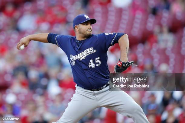 Jhoulys Chacin of the Milwaukee Brewers pitches in the second inning of a game against the Cincinnati Reds at Great American Ball Park on April 30,...