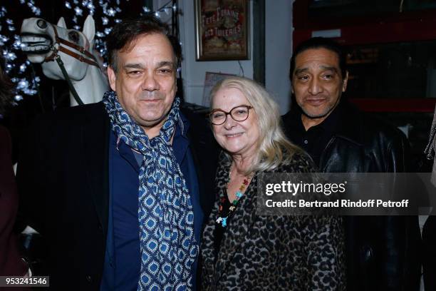 Didier Bourdon, Josiane Balasko and her husband George Aguilar attend the Dinner in honor of Nathalie Baye at La Chope des Puces on April 30, 2018 in...