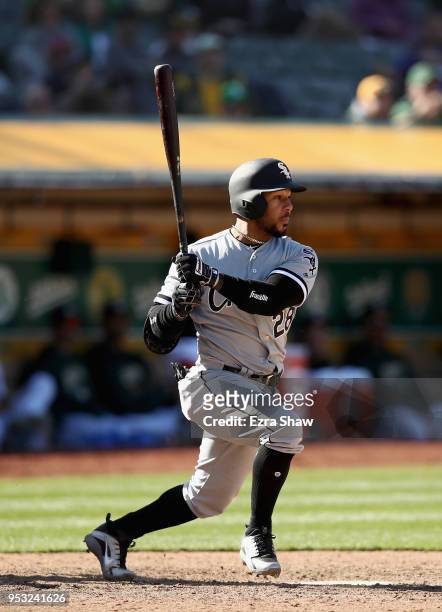 Leury Garcia of the Chicago White Sox bats against the Oakland Athletics at Oakland Alameda Coliseum on April 18, 2018 in Oakland, California.