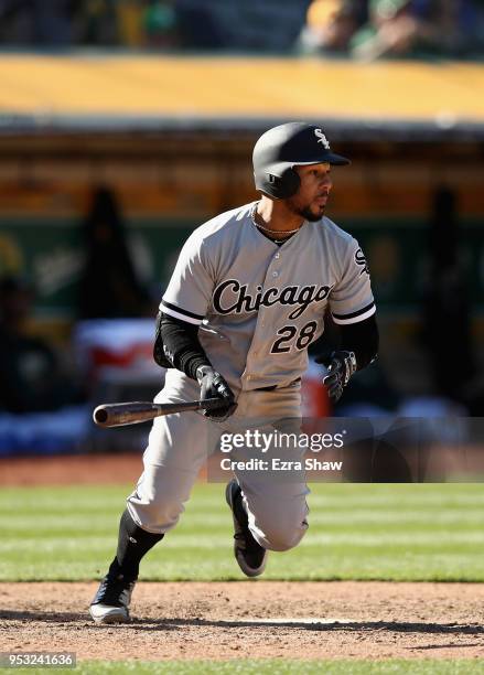 Leury Garcia of the Chicago White Sox bats against the Oakland Athletics at Oakland Alameda Coliseum on April 18, 2018 in Oakland, California.