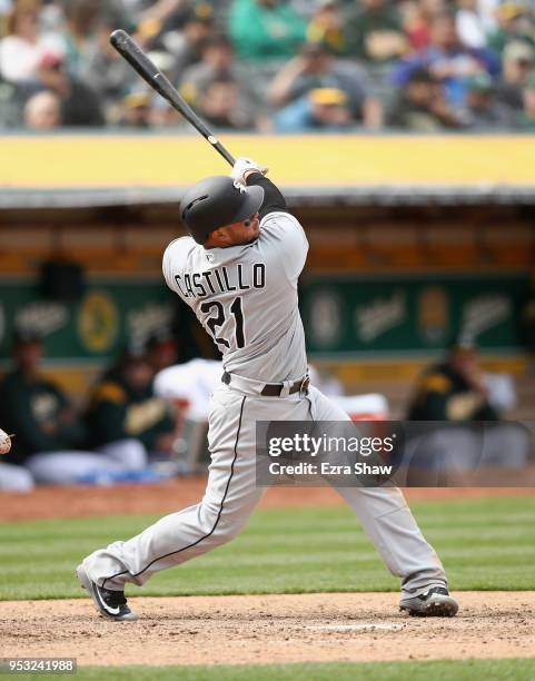 Welington Castillo of the Chicago White Sox bats against the Oakland Athletics at Oakland Alameda Coliseum on April 18, 2018 in Oakland, California.