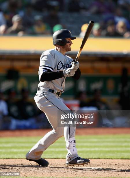 Nicky Delmonico of the Chicago White Sox bats against the Oakland Athletics at Oakland Alameda Coliseum on April 18, 2018 in Oakland, California.