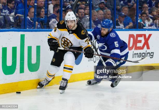 Dan Girardi of the Tampa Bay Lightning battles against Jake DeBrusk of the Boston Bruins during Game Two of the Eastern Conference Second Round...