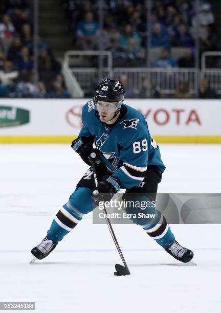 Mikkel Boedker of the San Jose Sharks in action against the St. Louis Blues at SAP Center on March 8, 2018 in San Jose, California.