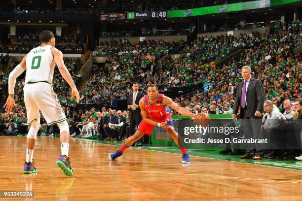 Justin Anderson of the Philadelphia 76ers passes the ball against the Boston Celtics in Game One of the Eastern Conference Semifinals of the 2018 NBA...
