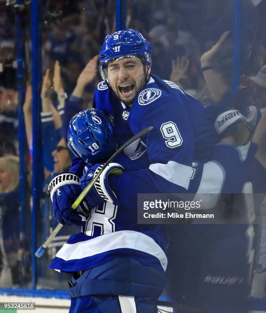 Tyler Johnson of the Tampa Bay Lightning celebrates a goal during Game Two of the Eastern Conference Second Round against the Boston Bruins during...