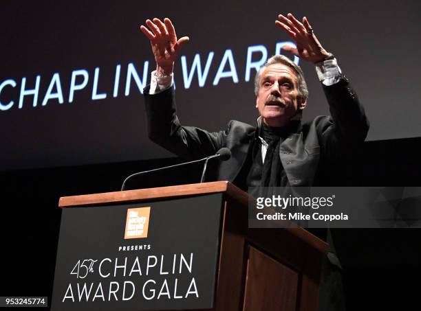 Actor Jeremy Irons walks onstage during the 45th Chaplin Award Gala at Alice Tully Hall, Lincoln Center on April 30, 2018 in New York City.