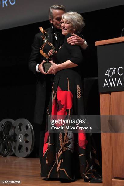 Actor Jeremy Irons presents actor Helen Mirren with the Chaplin Award during the 45th Chaplin Award Gala at Alice Tully Hall, Lincoln Center on April...
