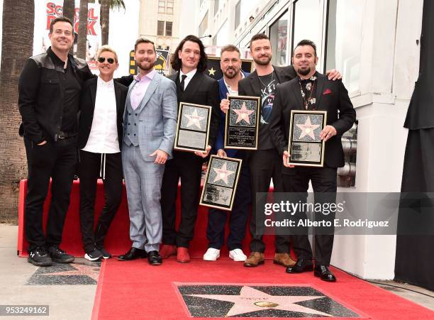 Carson Daly, Ellen Degeneres, Lance Bass, JC Chasez, Joey Fatone, Justin Timberlake and Chris Kirkpatrick at a ceremony honoring 'NSYNC with a star...