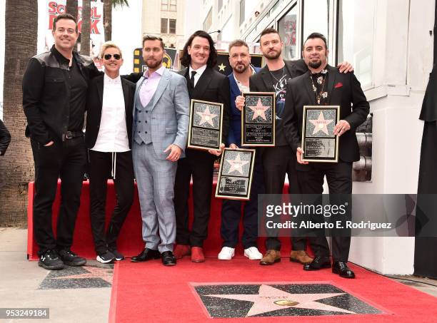 Carson Daly, Ellen Degeneres, Lance Bass, JC Chasez, Joey Fatone, Justin Timberlake and Chris Kirkpatrick at a ceremony honoring 'NSYNC with a star...