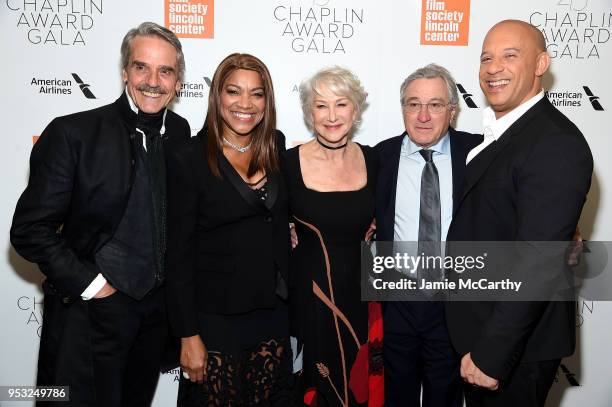 Jeremy Irons, Grace Hightower, Helen Mirren, Robert De Niro, and Vin Diesel attend the 45th Chaplin Award Gala at the on April 30, 2018 in New York...