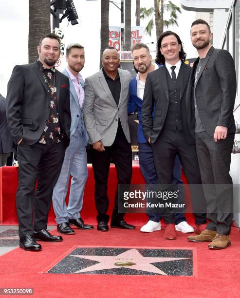 Chris Kirkpatrick, Lance Bass, Johnny Wright, Joey Fatone, JC Chasez and Justin Timberlake of NSYNC are honored with a star on the Hollywood Walk of...