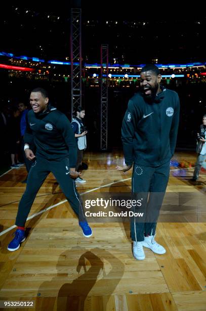 Justin Anderson and Amir Johnson of the Philadelphia 76ers before the game against the Boston Celtics during Game One of the Eastern Conference...