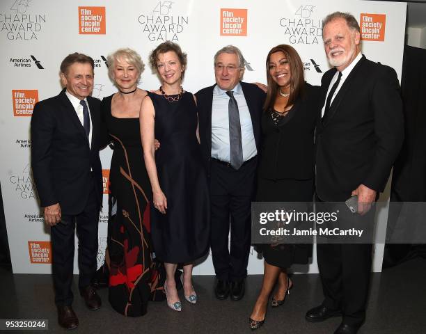 Mikhail Baryshnikov, Helen Mirren, Lisa Rinehart, Robert De Niro, Grace Hightower, and Taylor Hackford attend the 45th Chaplin Award Gala at Alice...