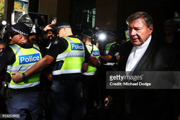 Cardinal George Pell leaves at Melbourne Magistrates' Court on May 1, 2018 in Melbourne, Australia. Cardinal Pell was charged on summons by Victoria...