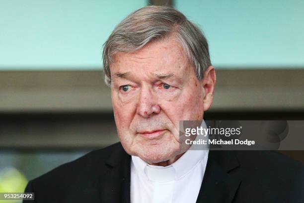 Cardinal George Pell leaves at Melbourne Magistrates' Court on May 1, 2018 in Melbourne, Australia. Cardinal Pell was charged on summons by Victoria...