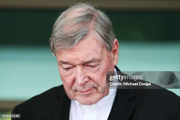 Cardinal George Pell leaves at Melbourne Magistrates' Court on May 1, 2018 in Melbourne, Australia. Cardinal Pell was charged on summons by Victoria...