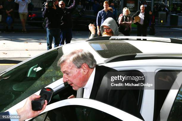 Cardinal George Pell leaves at Melbourne Magistrates' Court on May 1, 2018 in Melbourne, Australia. Cardinal Pell was charged on summons by Victoria...